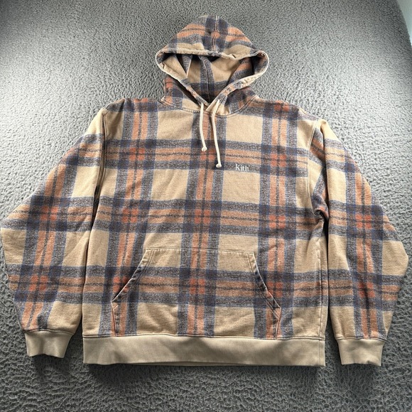 Kith Other - Kith Hoodie Mens L Plaid Pullover Pocket Beige Blue Rust Fleece Lined Relaxed
